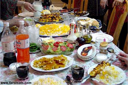 Persian Feat of Saffron Rice, Kabob, Dough, Soda, and more